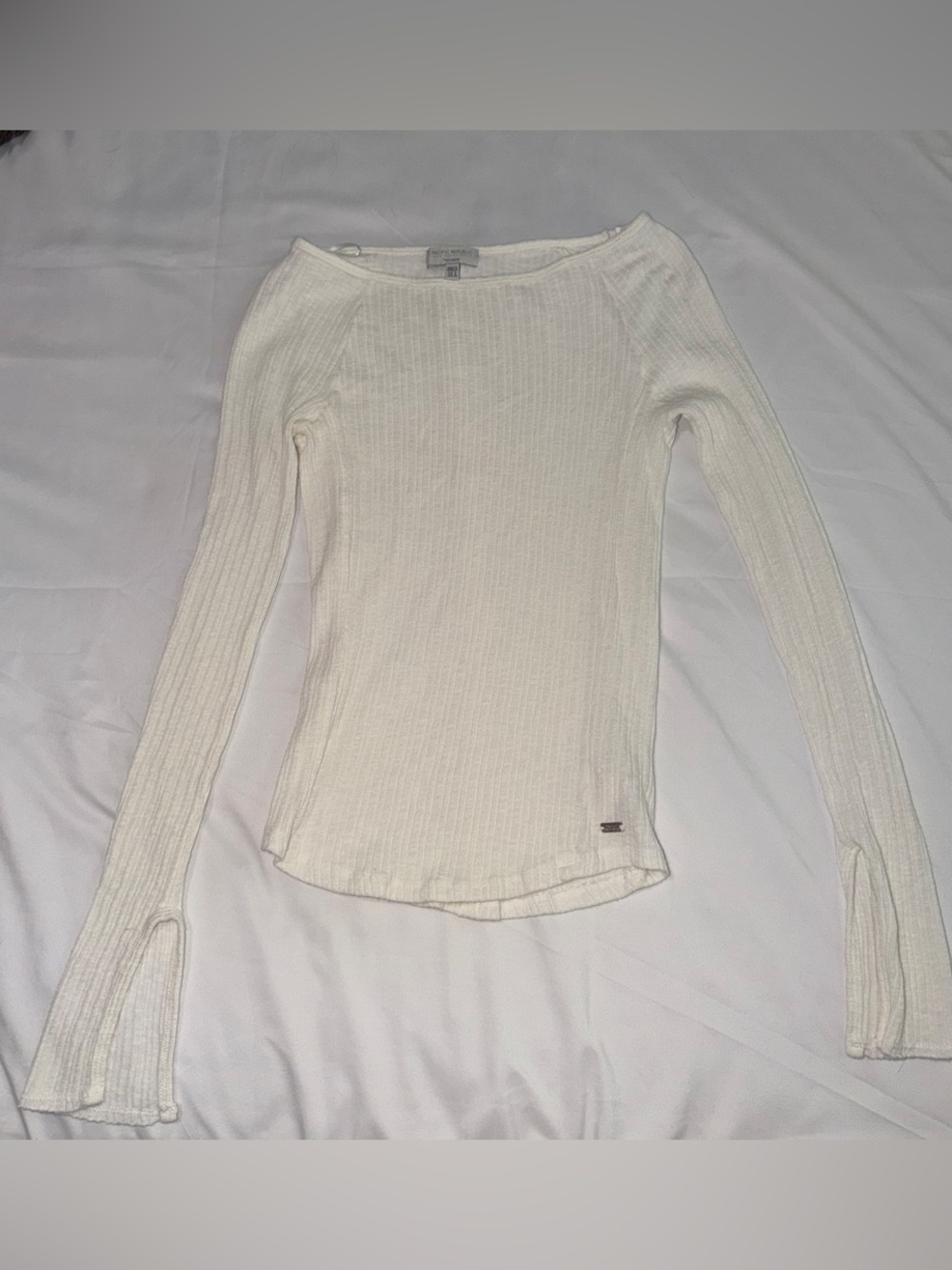 Pull&Bear Cream Ribbed Off-Shoulder Long Sleeve Top
